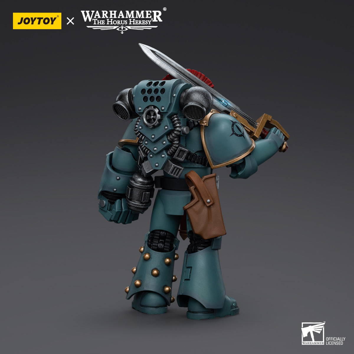 Back view of Sons of Horus MKIV Tactical Squad Sergeant with Power Fist, highlighting the rear armor, power pack, and weapon placement on the figure.