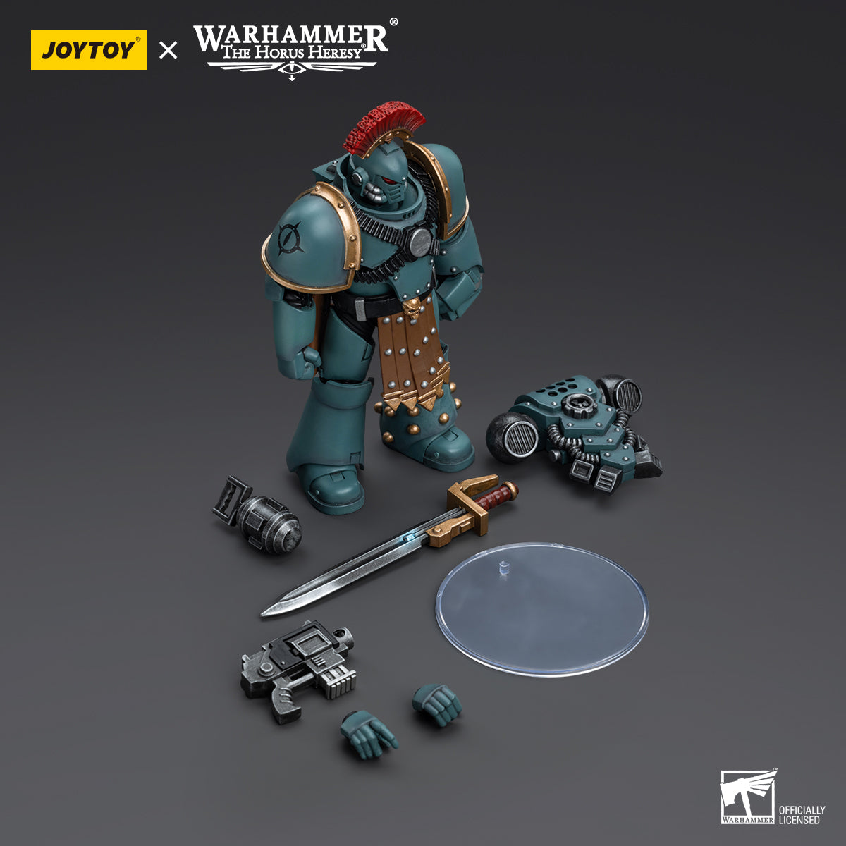 Package contents for Sons of Horus MKIV Tactical Squad Sergeant with Power Fist, including the figure, Power Fist, interchangeable hands, and armor accessories.
