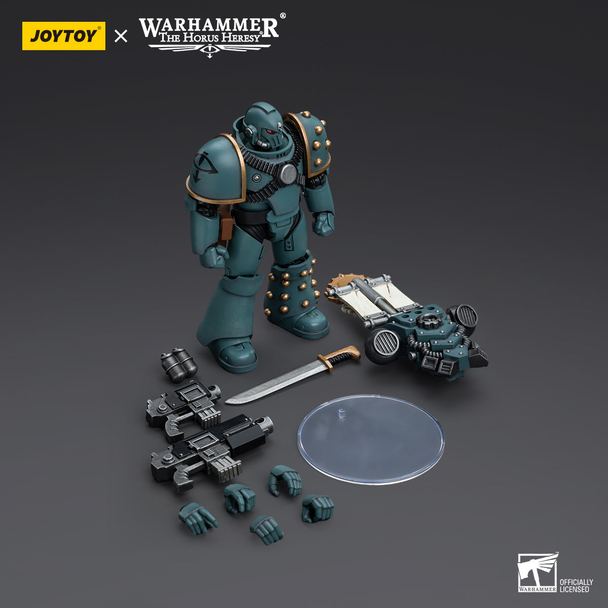 Package contents for Sons of Horus MKVI Tactical Squad Legionary with Legion Vexilla, including the figure, Legion Vexilla, interchangeable hands, and armor accessories.