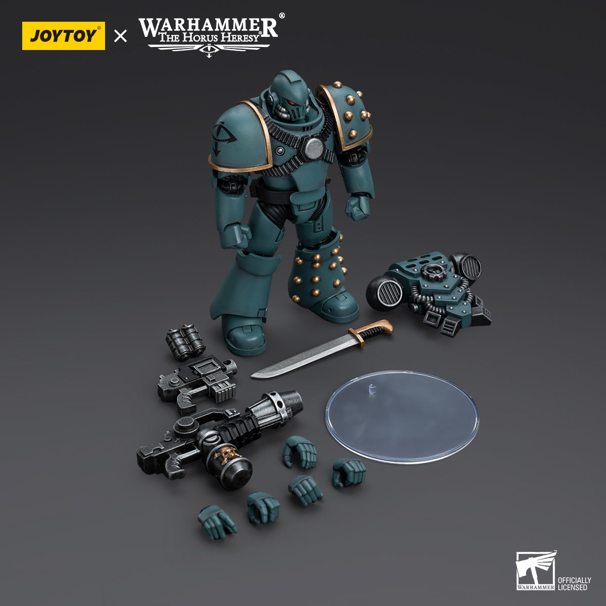 Package contents for Sons of Horus MKIV Tactical Squad Legionary with Flamer, including the figure, Flamer, interchangeable hands, and armor accessories.