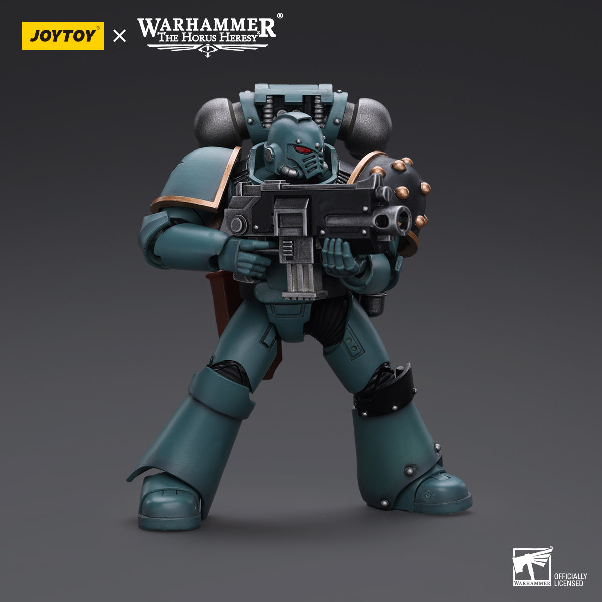 Sons of Horus MKIV Tactical Squad Legionary with Bolter in combat stance, aiming the Bolter at the enemy, fully armored and prepared to engage in battle.