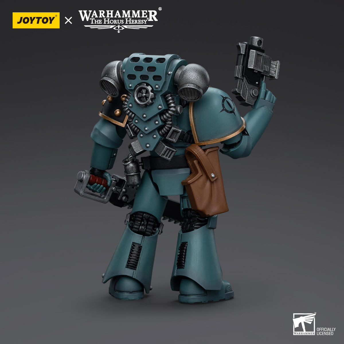 Back view of Sons of Horus MKIV Tactical Squad Legionary with Bolter, highlighting the rear armor, power pack, and the positioning of the Bolter on the figure.