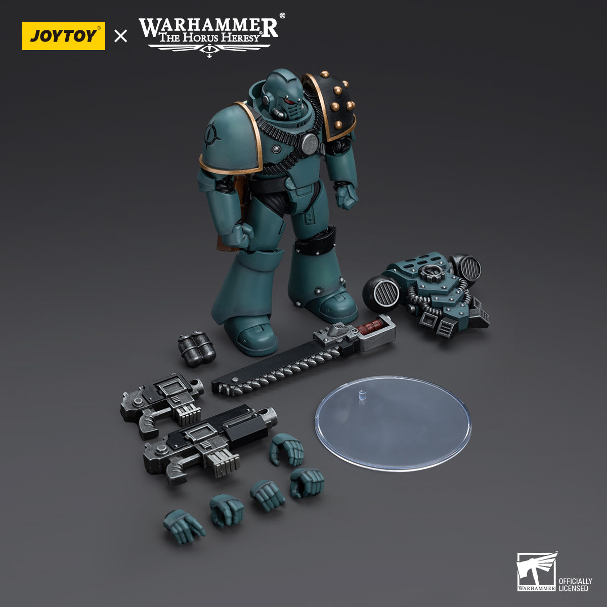 Package contents for Sons of Horus MKIV Tactical Squad Legionary with Bolter, including the figure, Bolter, interchangeable hands, and armor accessories.