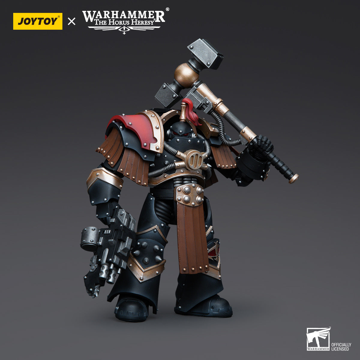 Side view of Sons of Horus Justaerin Terminator with Thunder Hammer, showcasing the profile of the Terminator, with the Thunder Hammer raised and ready for combat, emphasizing the detailed armor and the imposing weapon.