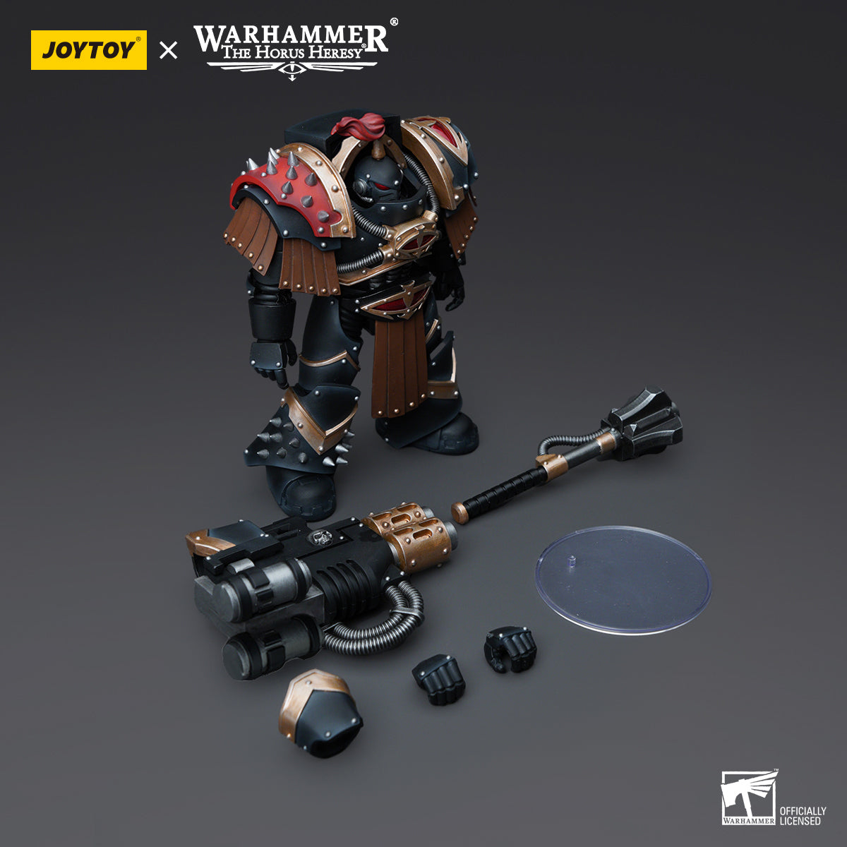 Package contents for Sons of Horus Justaerin Terminator with Multi-melta and Power Maul, including the figure, Multi-melta, Power Maul, interchangeable hands, and armor accessories.