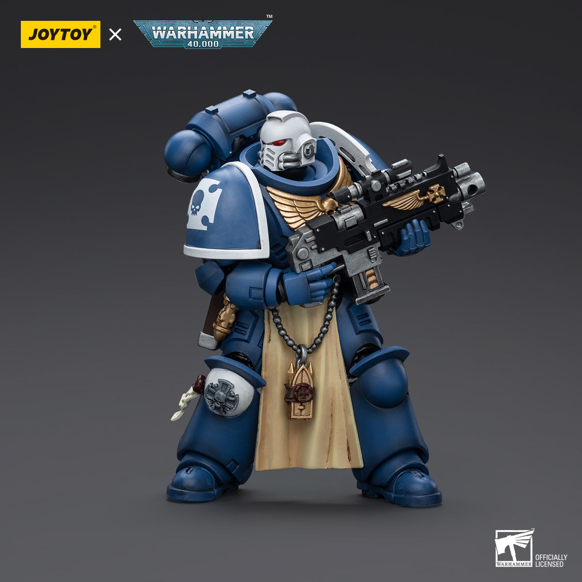 Ultramarines Sternguard Veteran in combat pose, holding a bolt rifle in an action-ready stance, fully armored and prepared for battle.