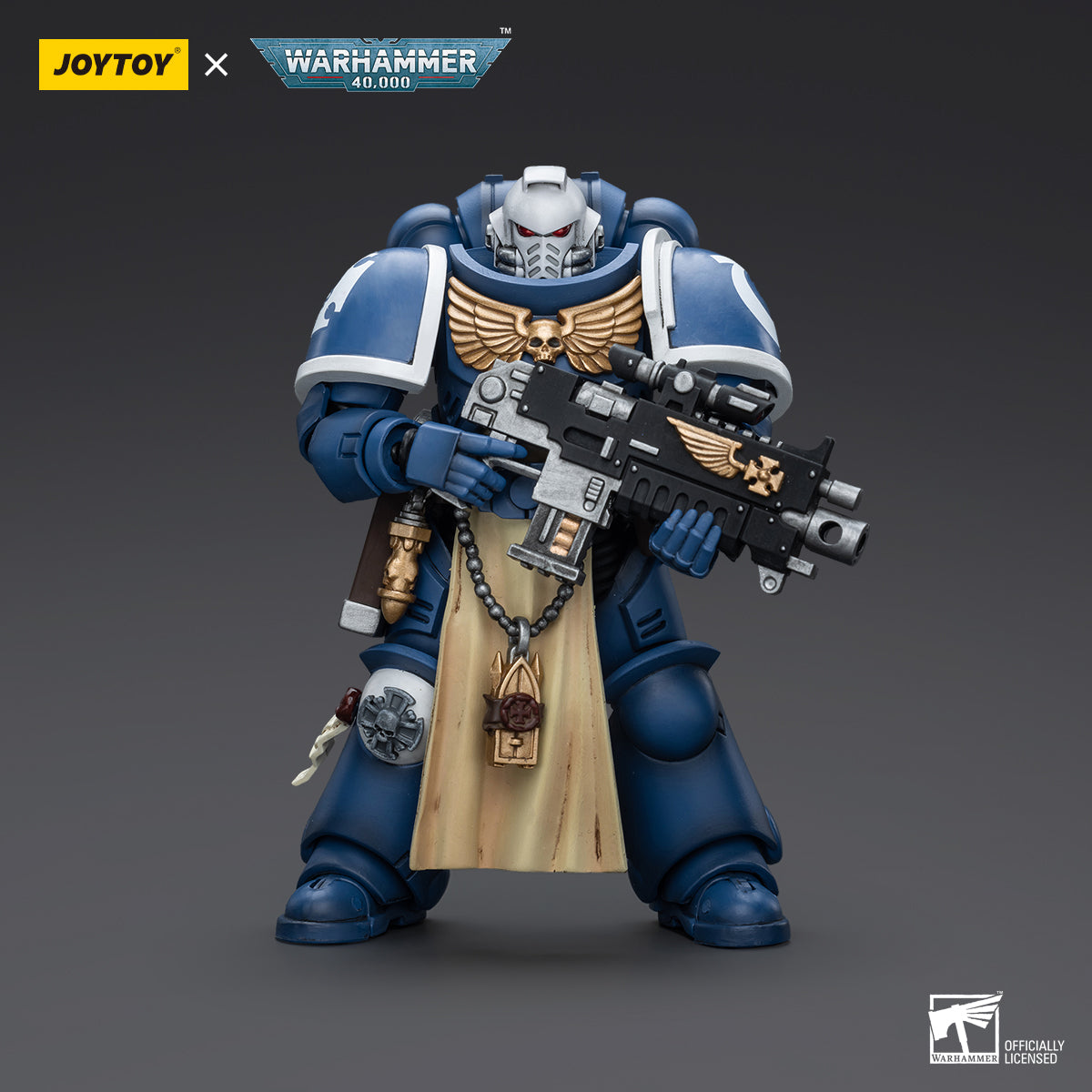 Ultramarines Sternguard Veteran with Bolt Rifle, front view. Classic Ultramarines armor with detailed chapter insignia and bolt rifle aimed forward.