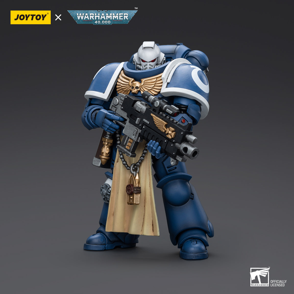 Ultramarines Sternguard Veteran with Bolt Rifle, front view. Classic Ultramarines armor with detailed chapter insignia and bolt rifle aimed forward.