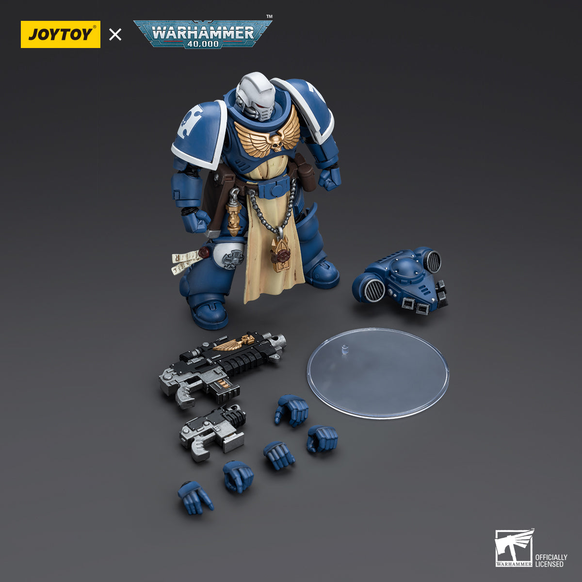 Package contents for Ultramarines Sternguard Veteran with Bolt Rifle, including the figure, bolt rifle, interchangeable hands, and armor accessories.