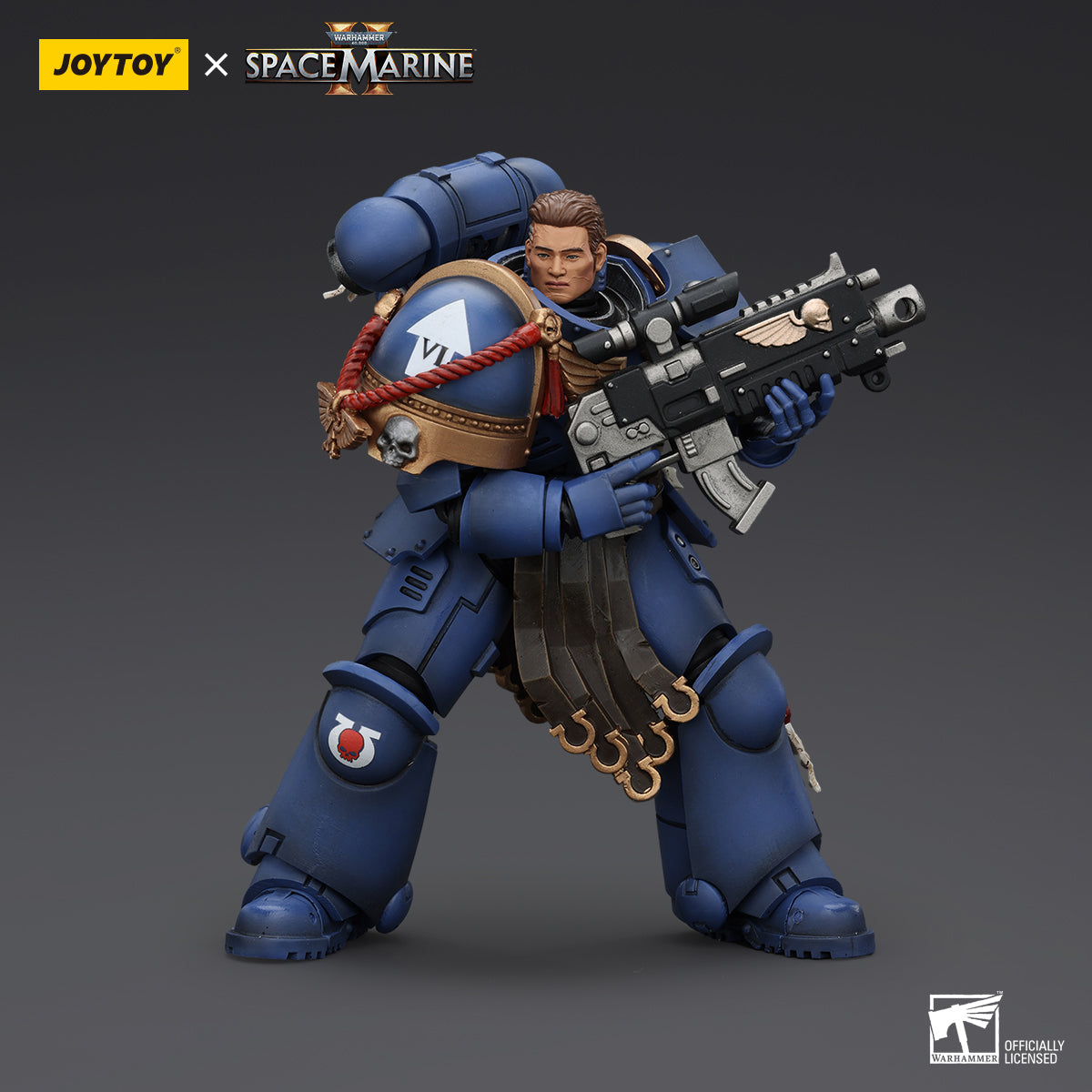 Ultramarines Sergeant Gadriel, front view, helmet off. Detailed power armor and Ultramarines insignia clearly visible.