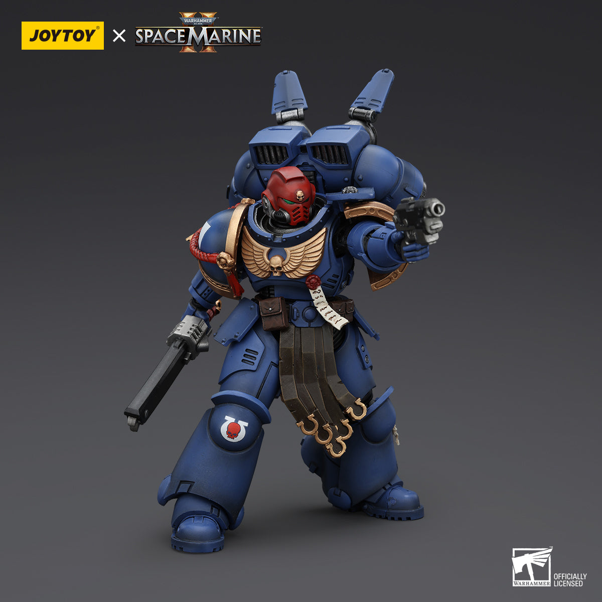 Sergeant Gadriel in combat stance, ready for action with weapons drawn and armor gleaming.