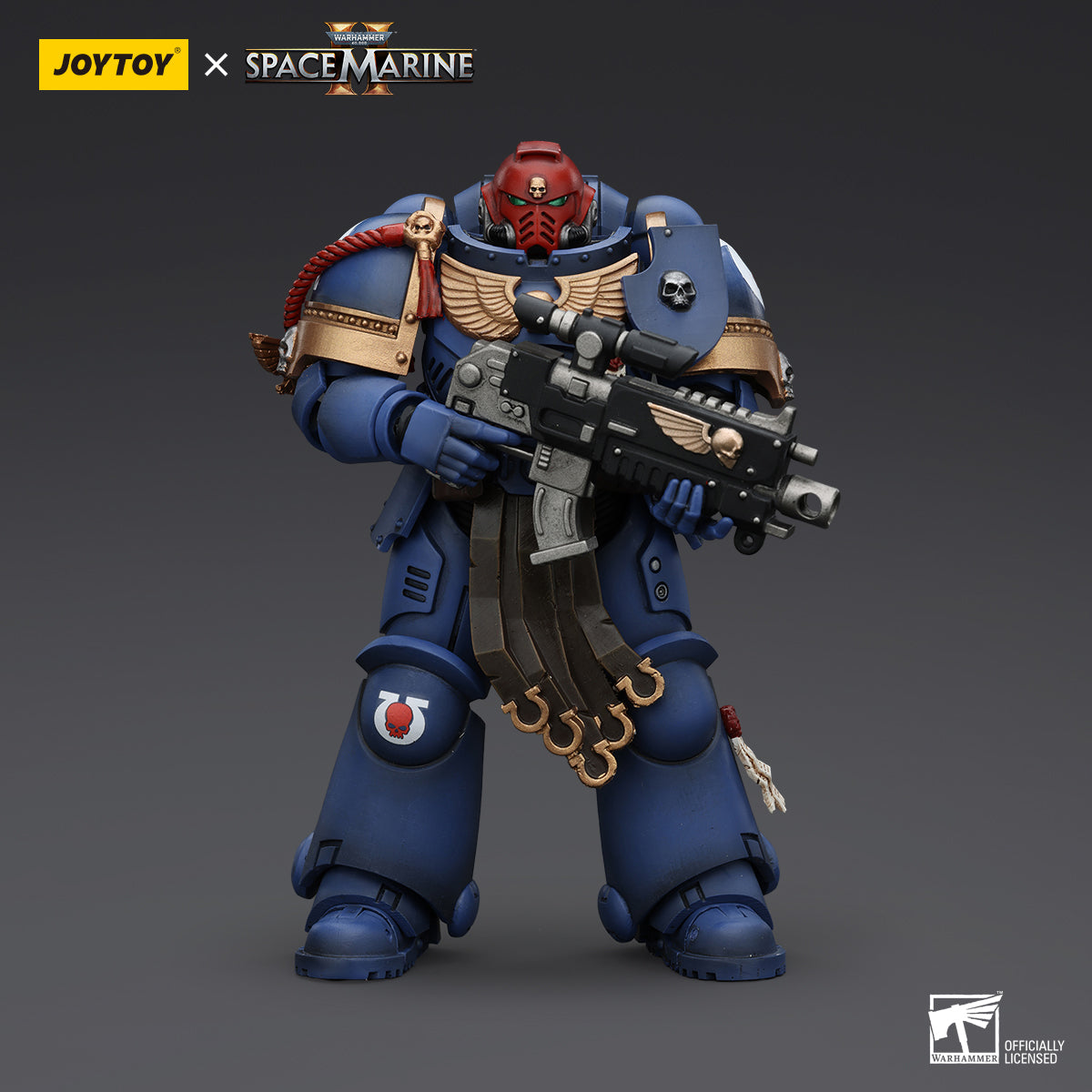 Ultramarines Sergeant Gadriel, front view, helmet on. Detailed power armor and Ultramarines insignia clearly visible.