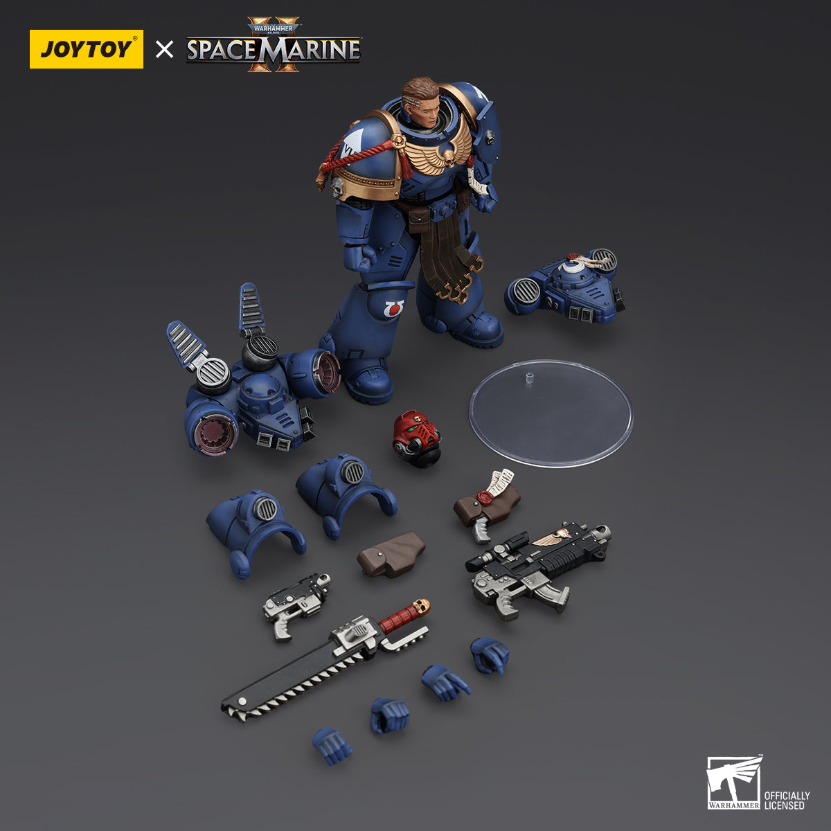 Package contents for Ultramarines Sergeant Gadriel. Includes figure, weapons, interchangeable hands, and accessories.
