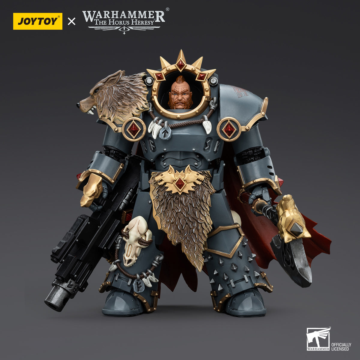 Space Wolves Hvarl, the Red Blade in full armor, front view. Detailed armor with wolf motifs and his blade ready for battle.