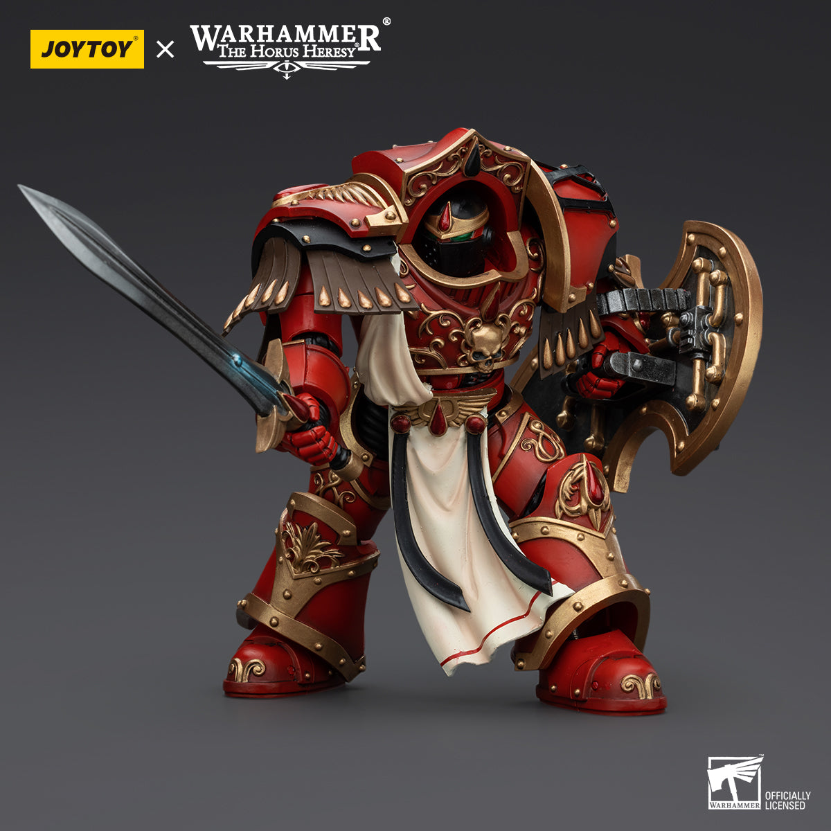 Blood Angels Crimson Paladin in dynamic combat pose, wielding his weapon and standing firm