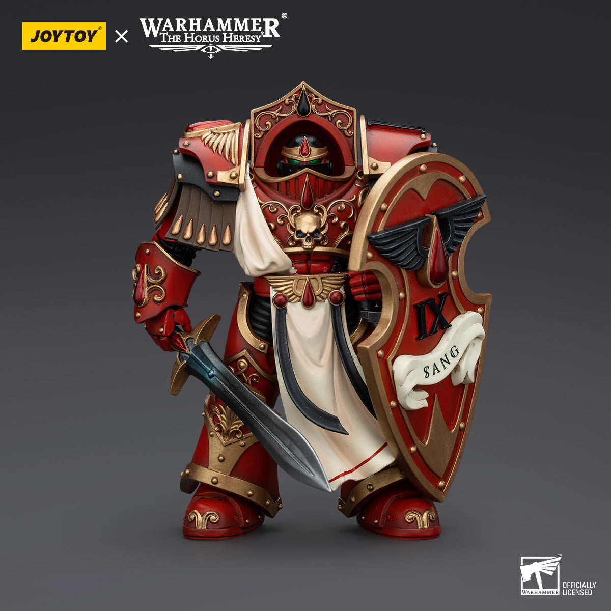 Blood Angels Crimson Paladin, front view. The elite warrior stands tall in the iconic red and gold armor, holding his weapon ready for battle, with the Blood Angels chapter insignia proudly displayed.