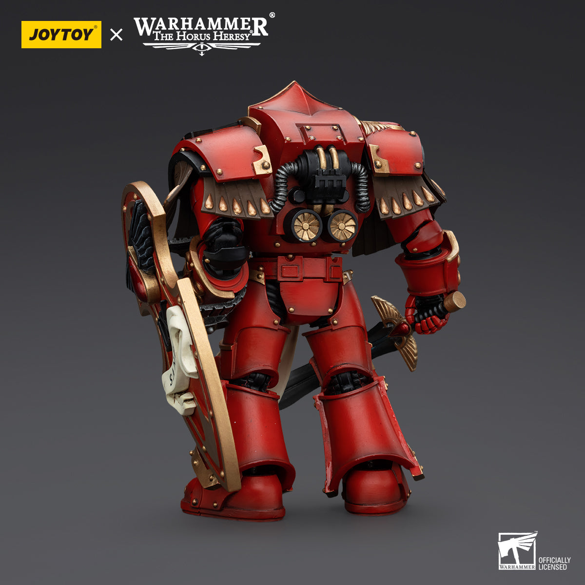 Back view of Blood Angels Crimson Paladin, focusing on the rear of the powerful power armor, with the jetpack and armor detailing visible as the Paladin stands ready to engage enemies.