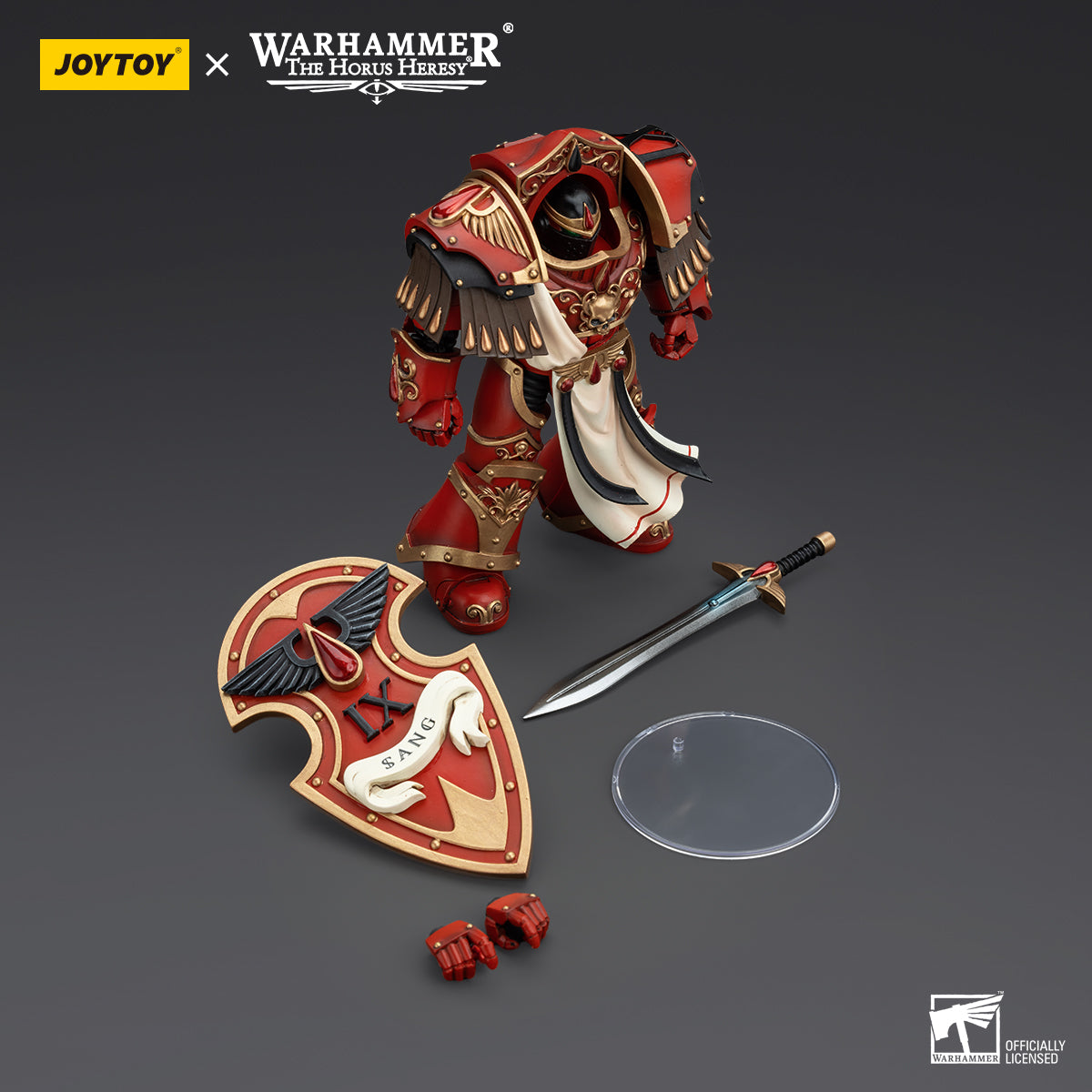 Package contents for Blood Angels Crimson Paladin, including the figure, weapon accessories, alternate hands