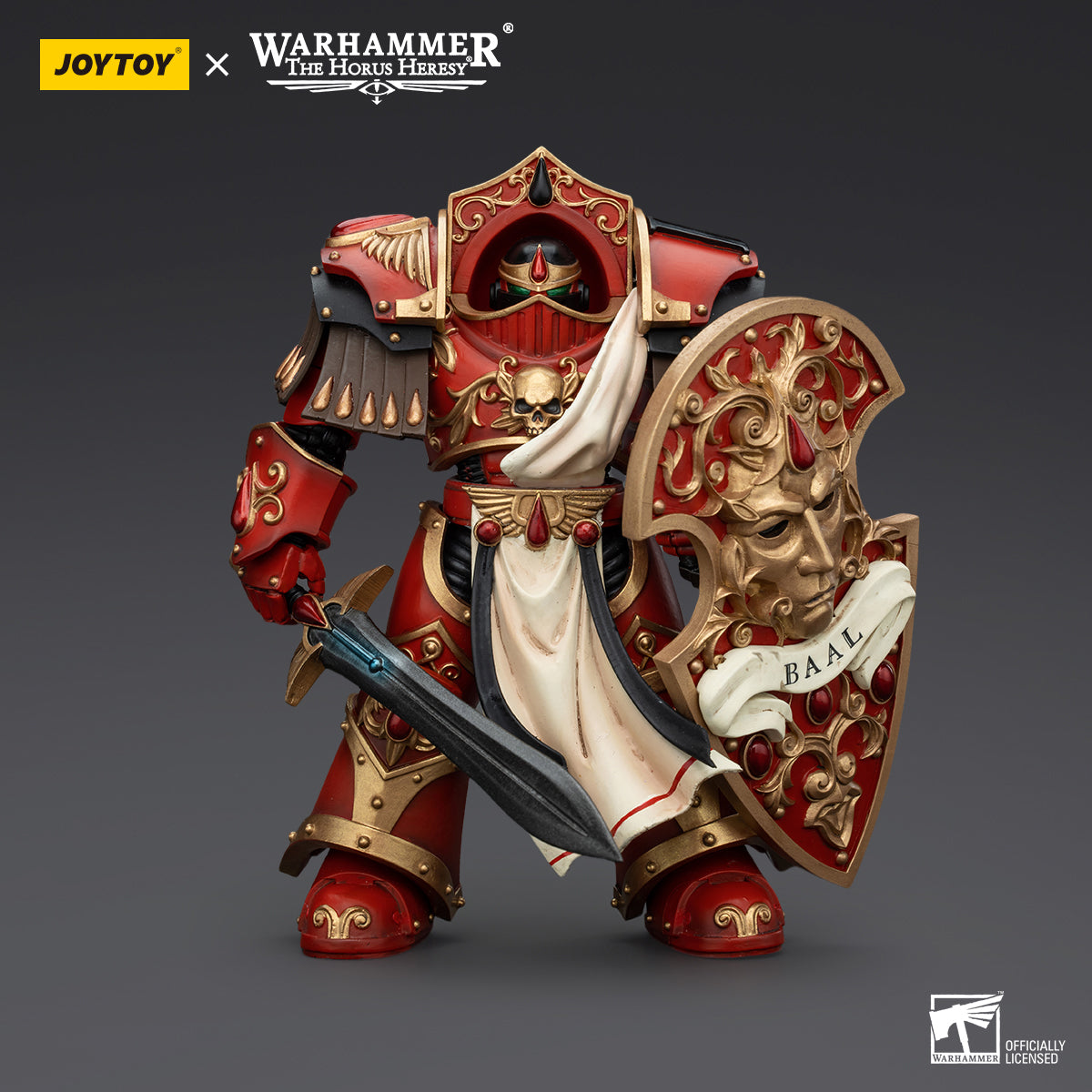 Blood Angels Crimson Paladin, front view. The elite warrior stands tall in the iconic red and gold armor, holding his weapon ready for battle, with the Blood Angels chapter insignia proudly displayed.
