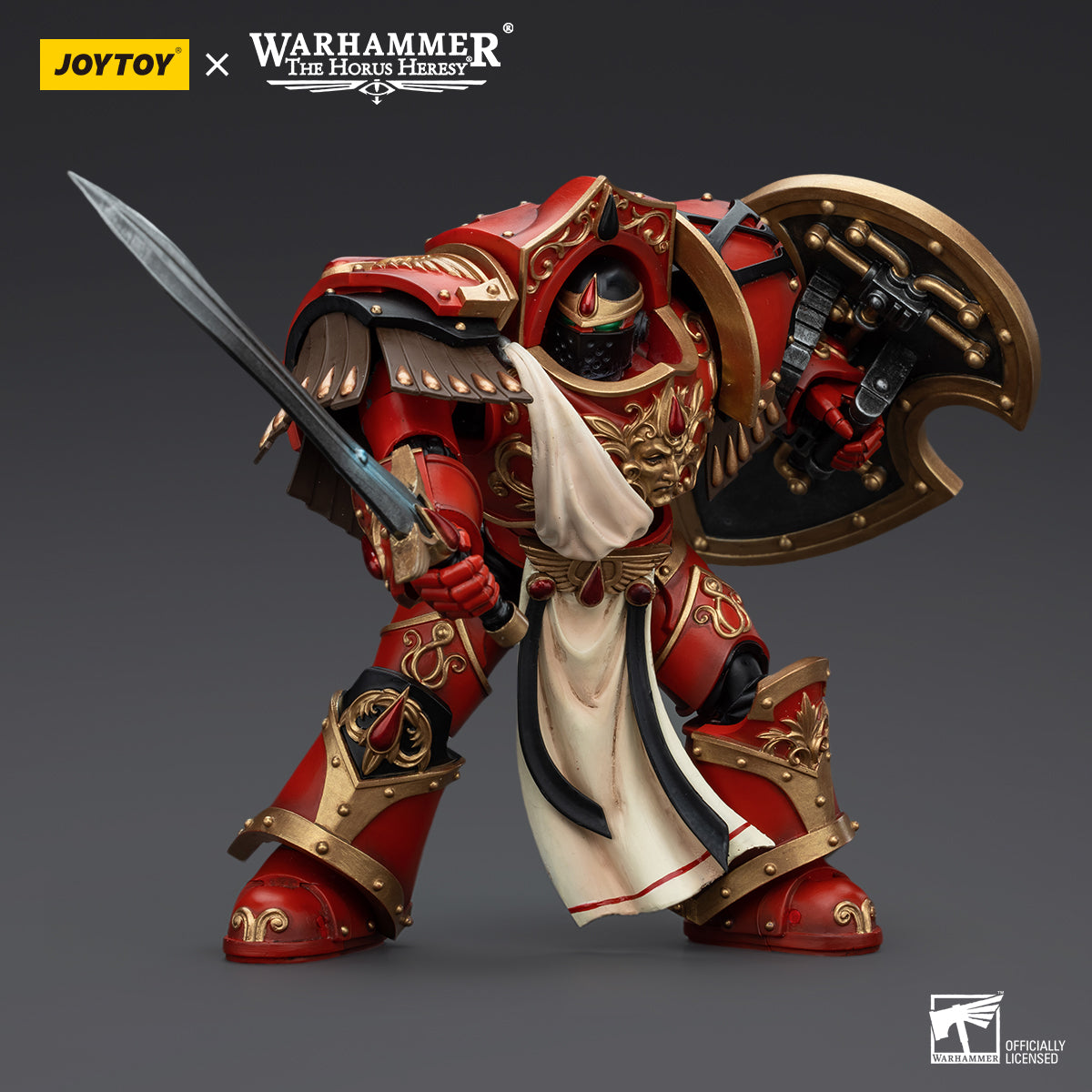Blood Angels Crimson Paladin in dynamic combat pose, wielding his weapon and standing firm, ready to charge into battle