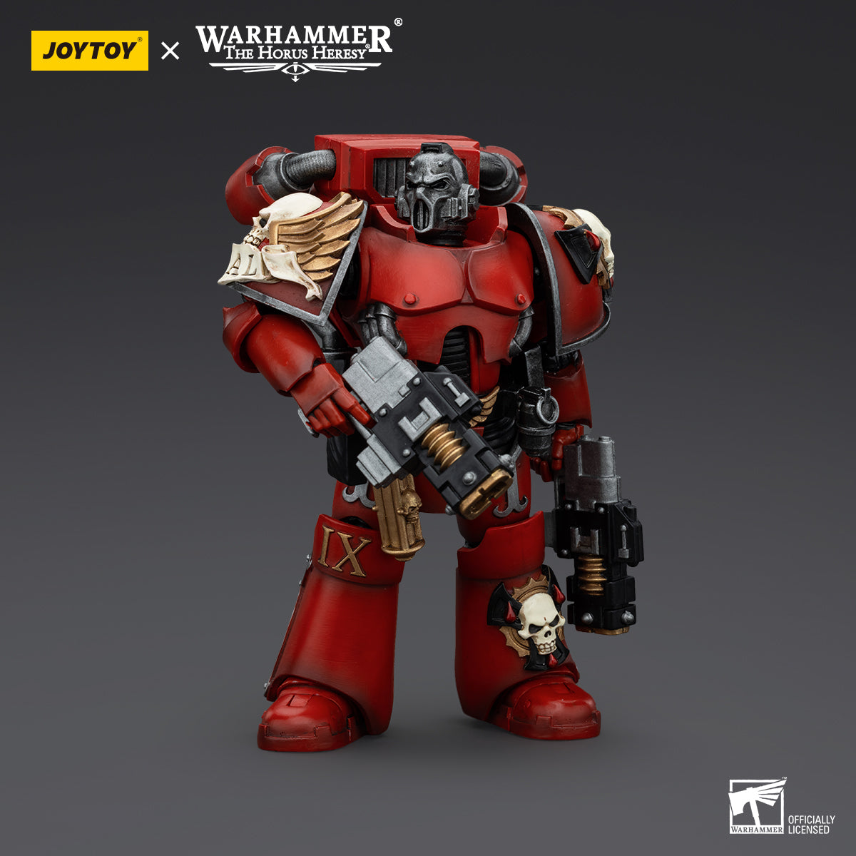 Side view of Blood Angels Erelim with Volkite Serpentas, highlighting his battle-ready stance and detailed armor.