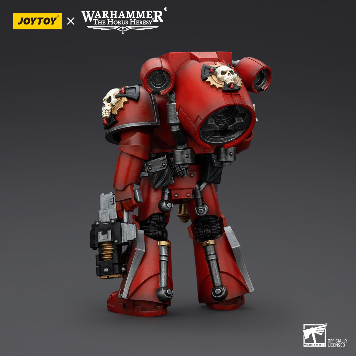 Back view of Blood Angels Erelim with Volkite Serpentas, emphasizing the intricate design of his power pack and the rear of his detailed armor.