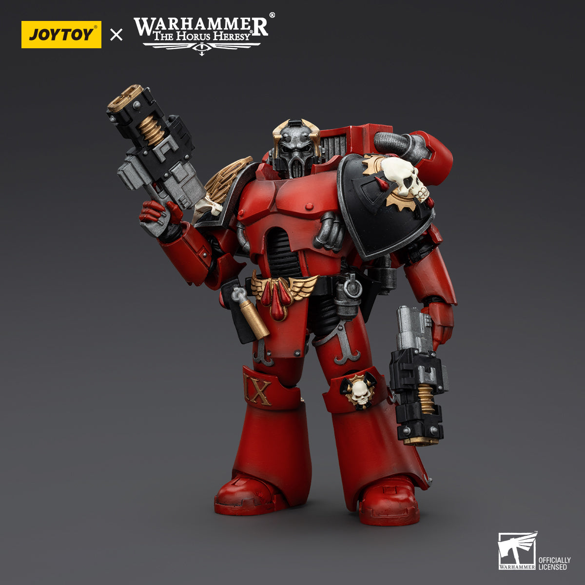 Side view of Blood Angels Arch-Erelim with Volkite Serpentas, highlighting his battle-ready stance.