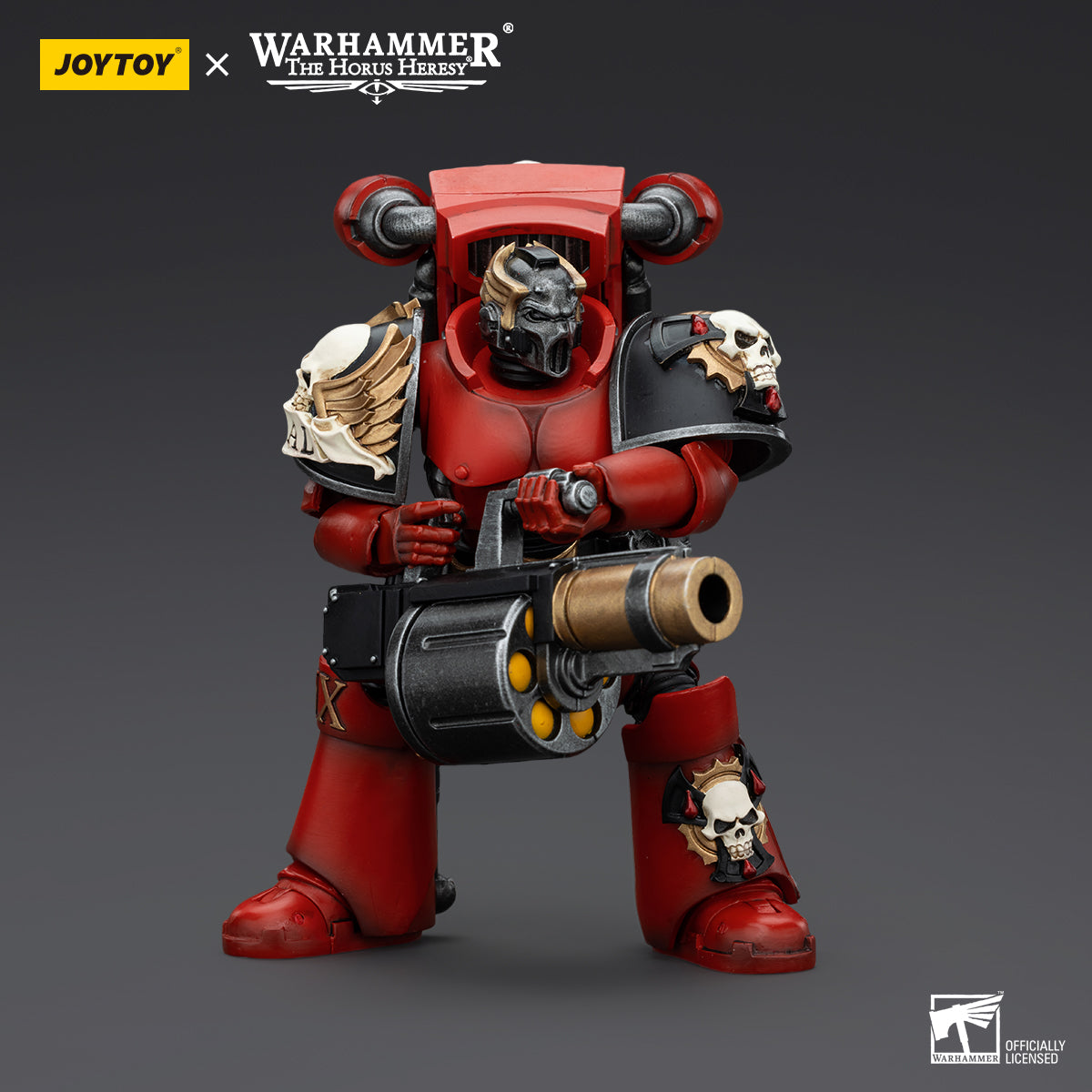 Blood Angels Arch-Erelim in combat pose, aiming the Grenade Launcher forward in an action-ready stance.