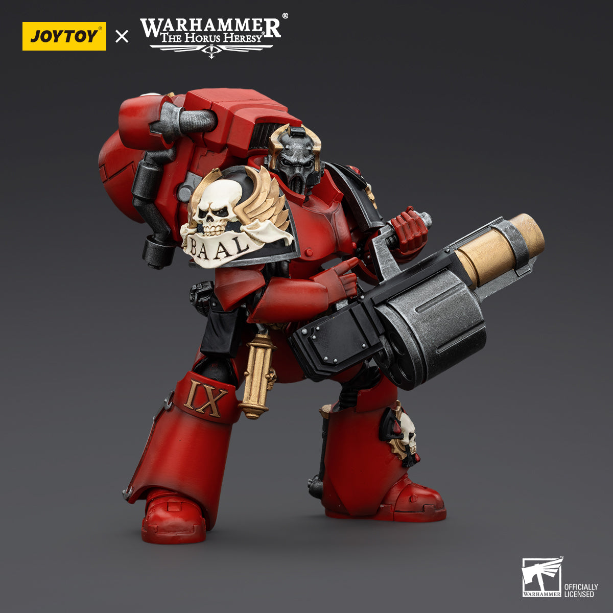 Blood Angels Arch-Erelim in combat pose, aiming the Grenade Launcher forward in an action-ready stance.