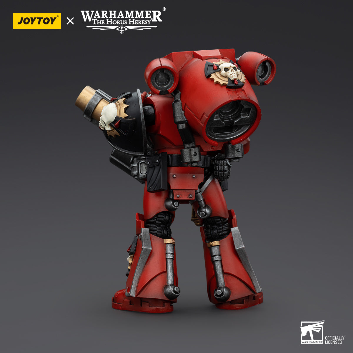 Back view of Blood Angels Arch-Erelim with Grenade Launcher, highlighting the power pack, rear armor, and the placement of the weapon. The figure's armor design and chapter markings are clearly visible from this angle.