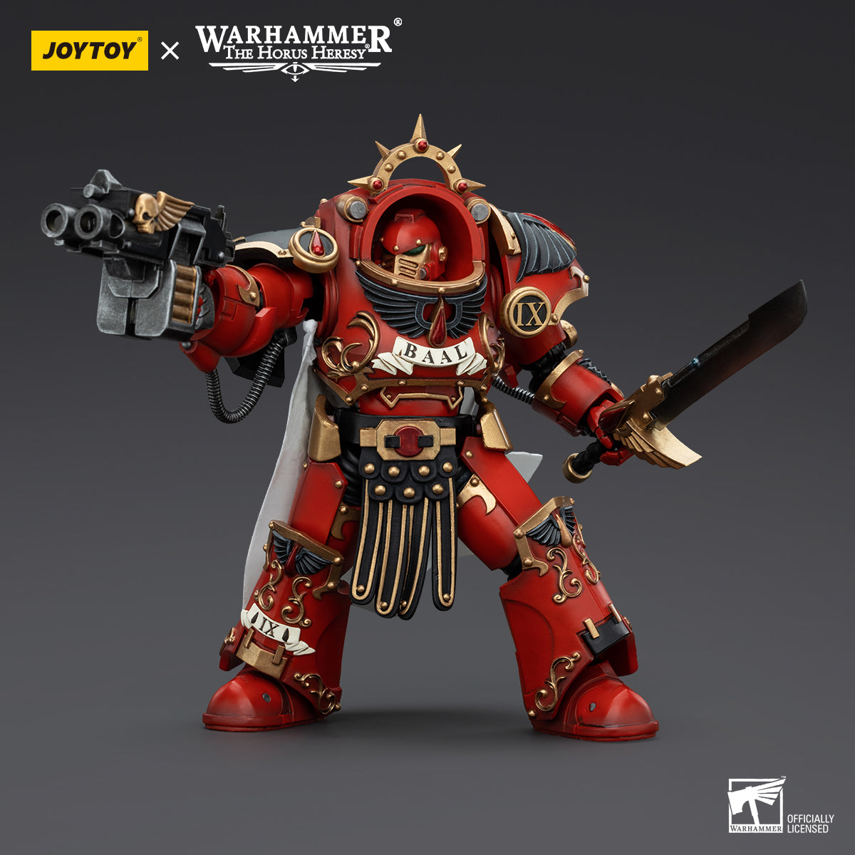 Blood Angels Praetor in Tartaros Terminator Armour in combat pose, holding his weapon in a battle-ready stance.