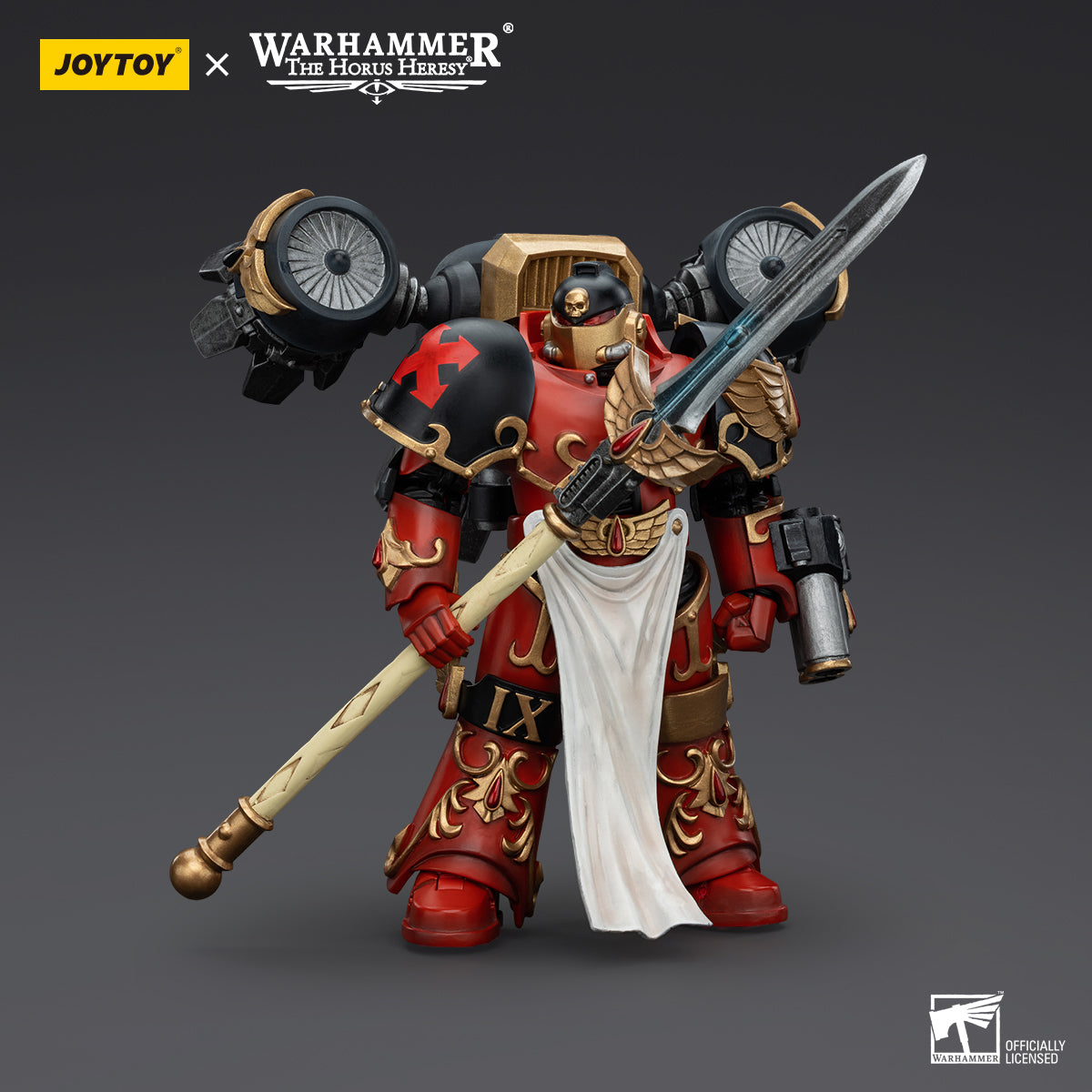 Blood Angels Dawnbreaker in combat stance, holding a weapon at the ready, fully armored and prepared for the next move in the thick of battle.