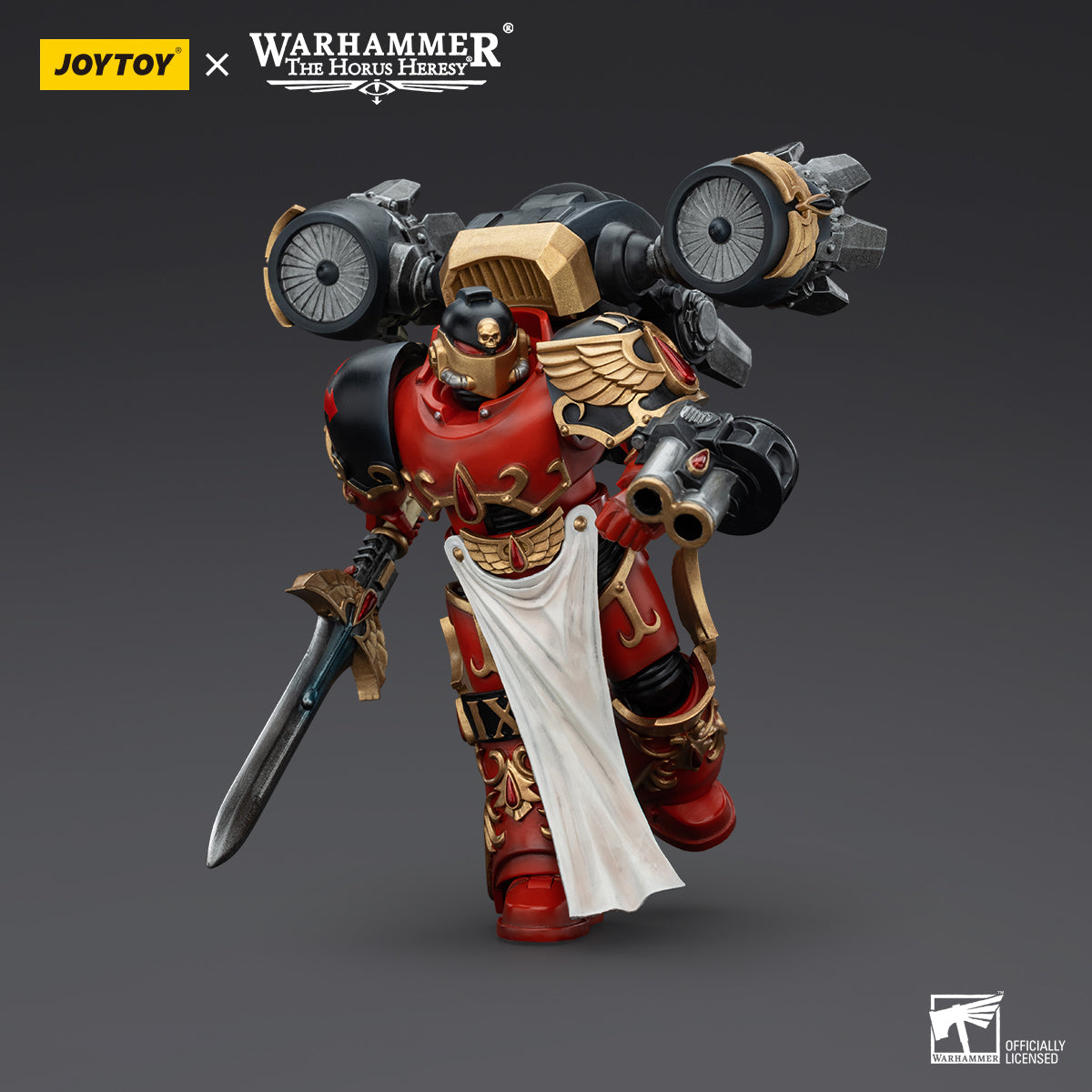 Blood Angels Dawnbreaker in combat stance, holding a weapon at the ready, fully armored and prepared for the next move in the thick of battle.