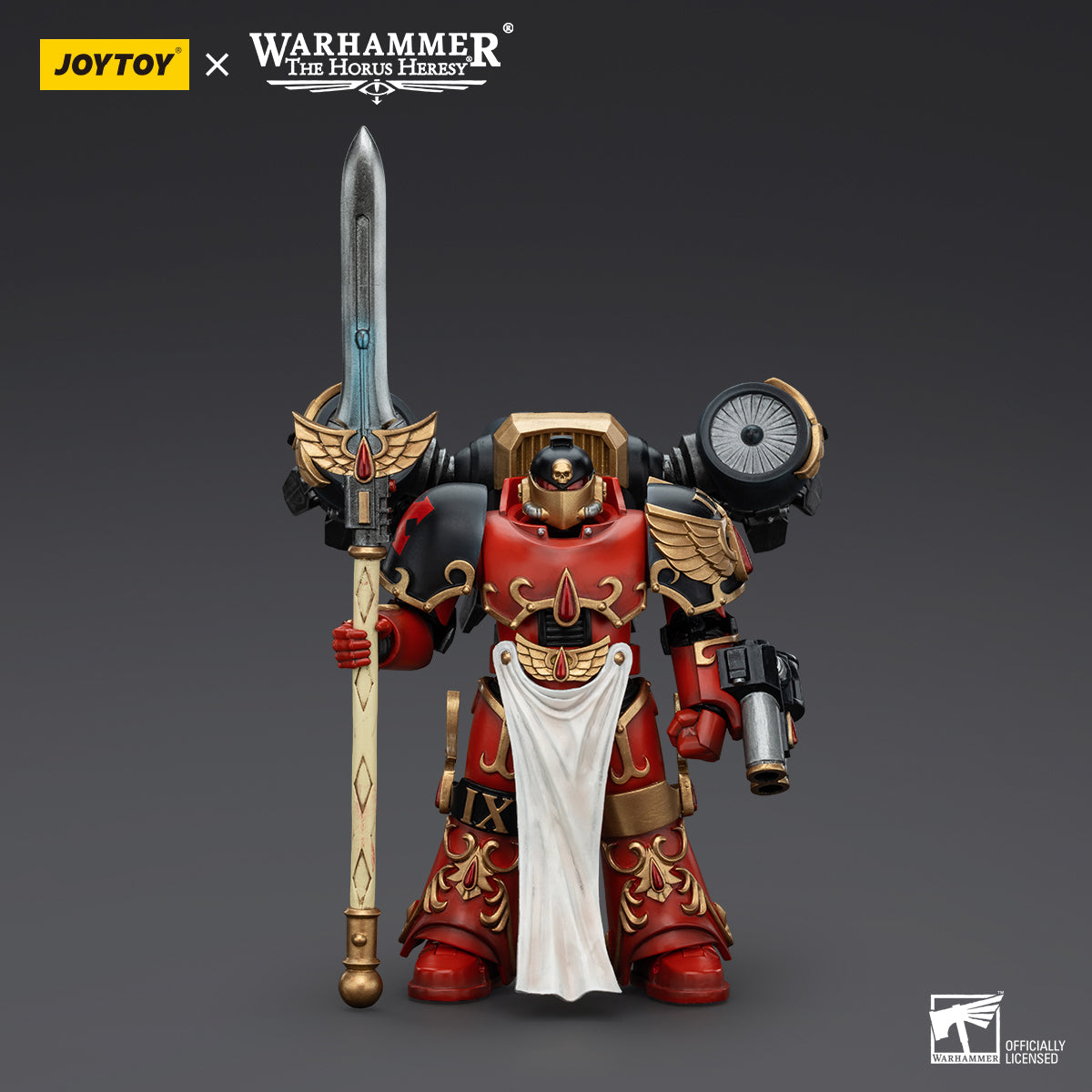 Blood Angels Dawnbreaker, front view. The Dawnbreaker stands tall in iconic Blood Angels power armor, showcasing the detailed chapter insignia and battle gear in a confident stance, ready for combat