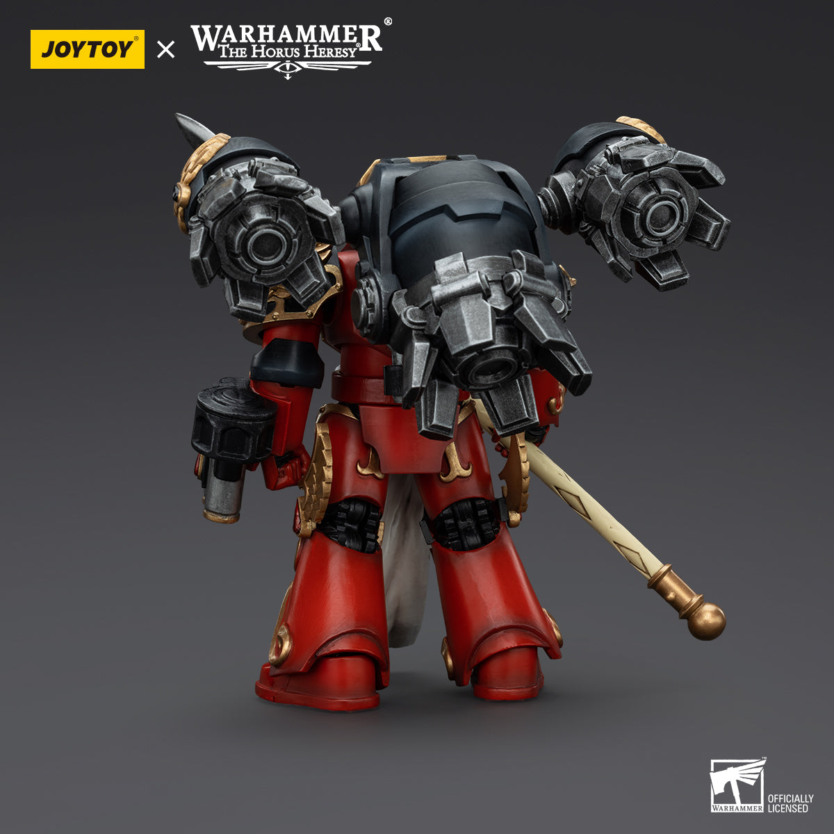 Back view of Blood Angels Dawnbreaker, focusing on the rear armor, backpack, and weapon placement.