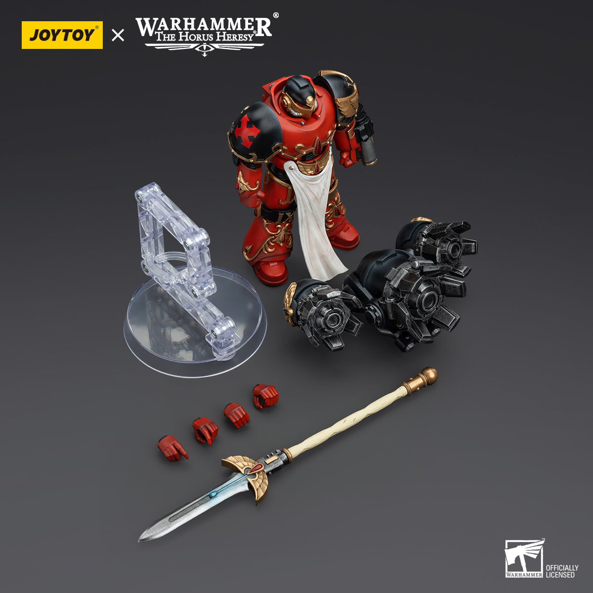 Package contents for Blood Angels Dawnbreaker, including the figure, weaponry, interchangeable hands, and armor accessorie