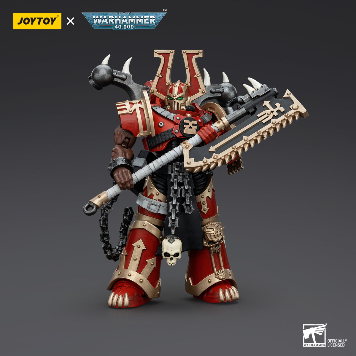Side view of World Eaters Khorne Berzerker, showcasing the profile of the warrior as he holds his chainaxe high