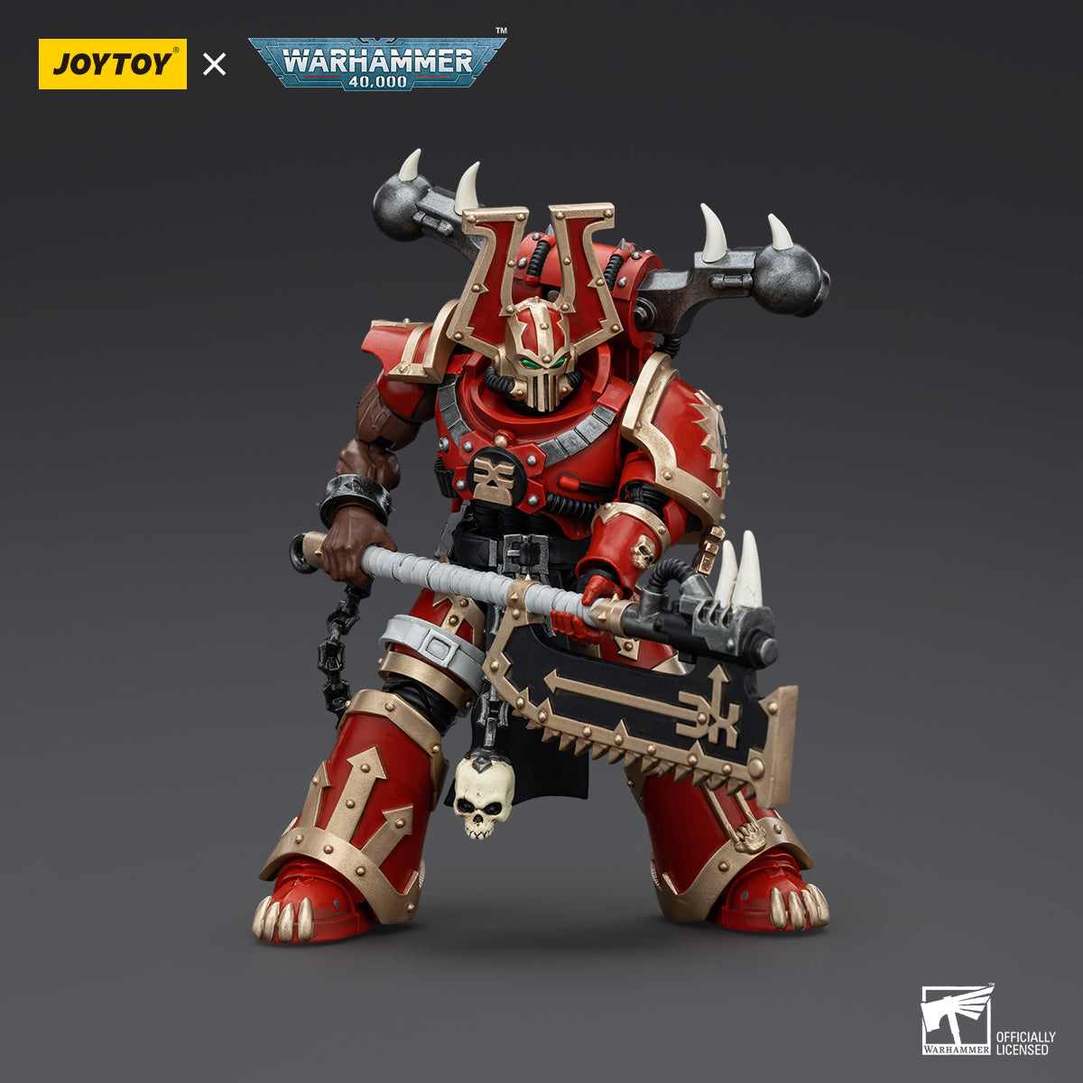 World Eaters Khorne Berzerker in combat pose, mid-charge with his chainaxe raised high