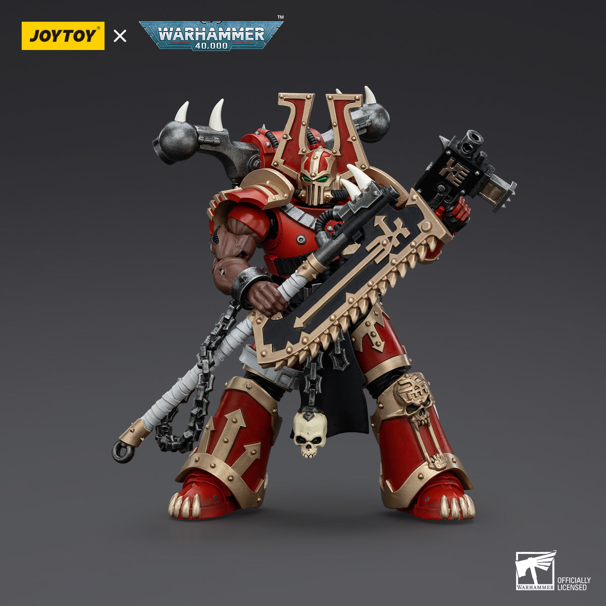 World Eaters Khorne Berzerker in combat pose, mid-charge with his chainaxe raised high and bolt pistol drawn.