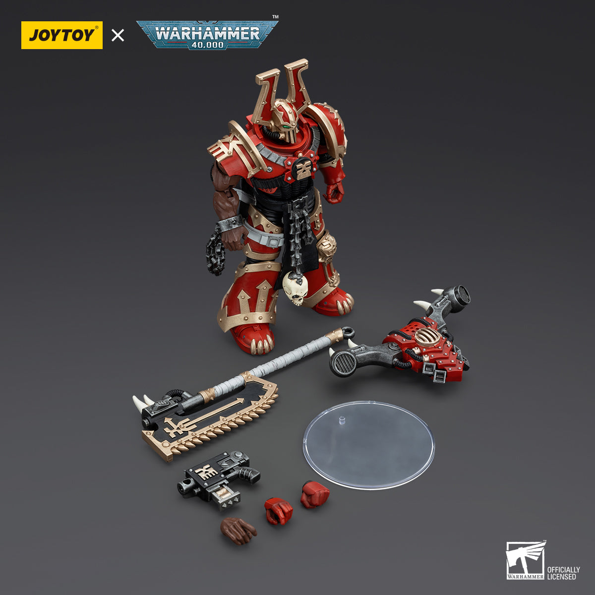 Package contents for World Eaters Khorne Berzerker, including the highly detailed Khorne Berzerker figure, equipped with chainaxe, bolt pistol, and optional parts for customizing the pose and loadout.