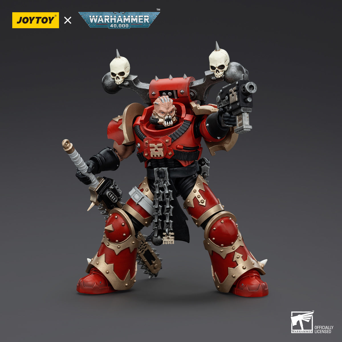 World Eaters Khorne Berzerker in combat pose, mid-charge with his bolt pistol raised high.