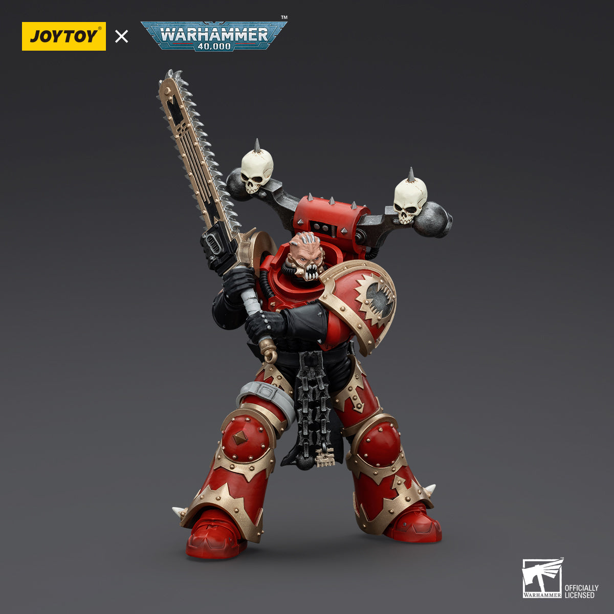 World Eaters Khorne Berzerker in combat pose, mid-charge with his chainblade raised high