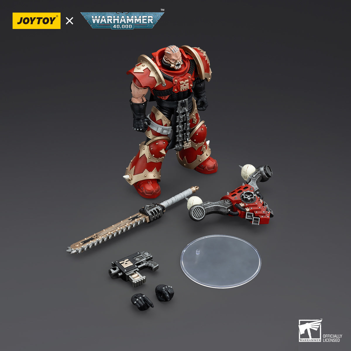 Package contents for World Eaters Khorne Berzerker, including the highly detailed Khorne Berzerker figure, equipped with chainblade, bolt pistol, and optional parts for customizing the pose and loadout.