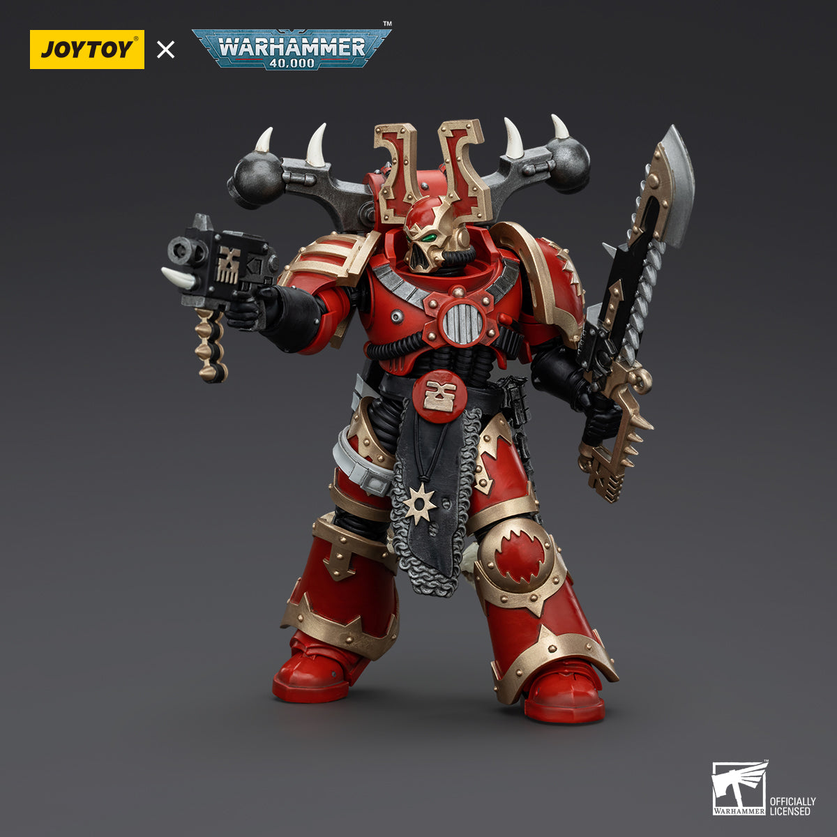World Eaters Khorne Berzerker in combat pose, mid-charge with his chainsword raised high and bolt pistol drawn.