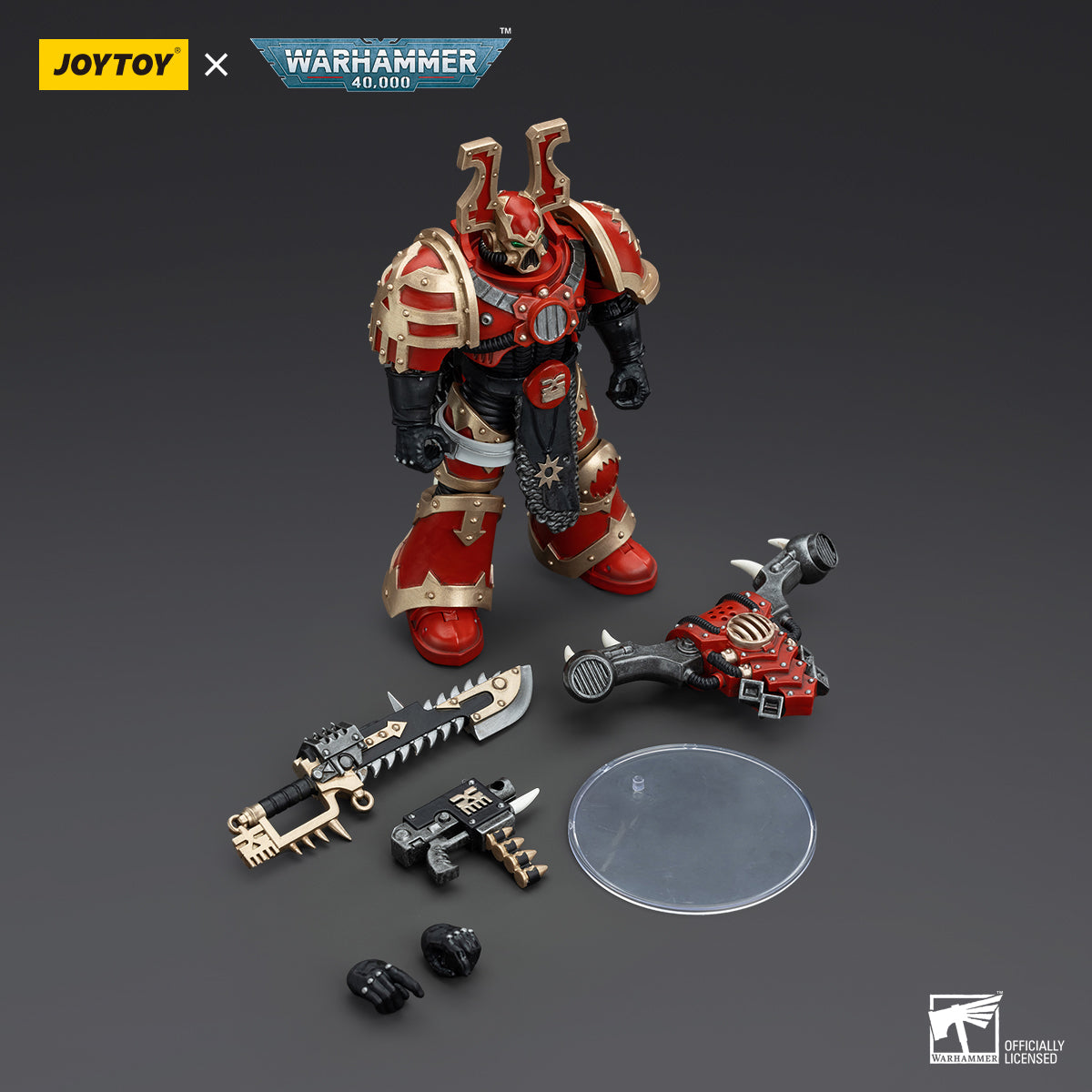Package contents for World Eaters Khorne Berzerker, including the highly detailed Khorne Berzerker figure, equipped with chainaxe, bolt pistol, and optional parts for customizing the pose and loadout.