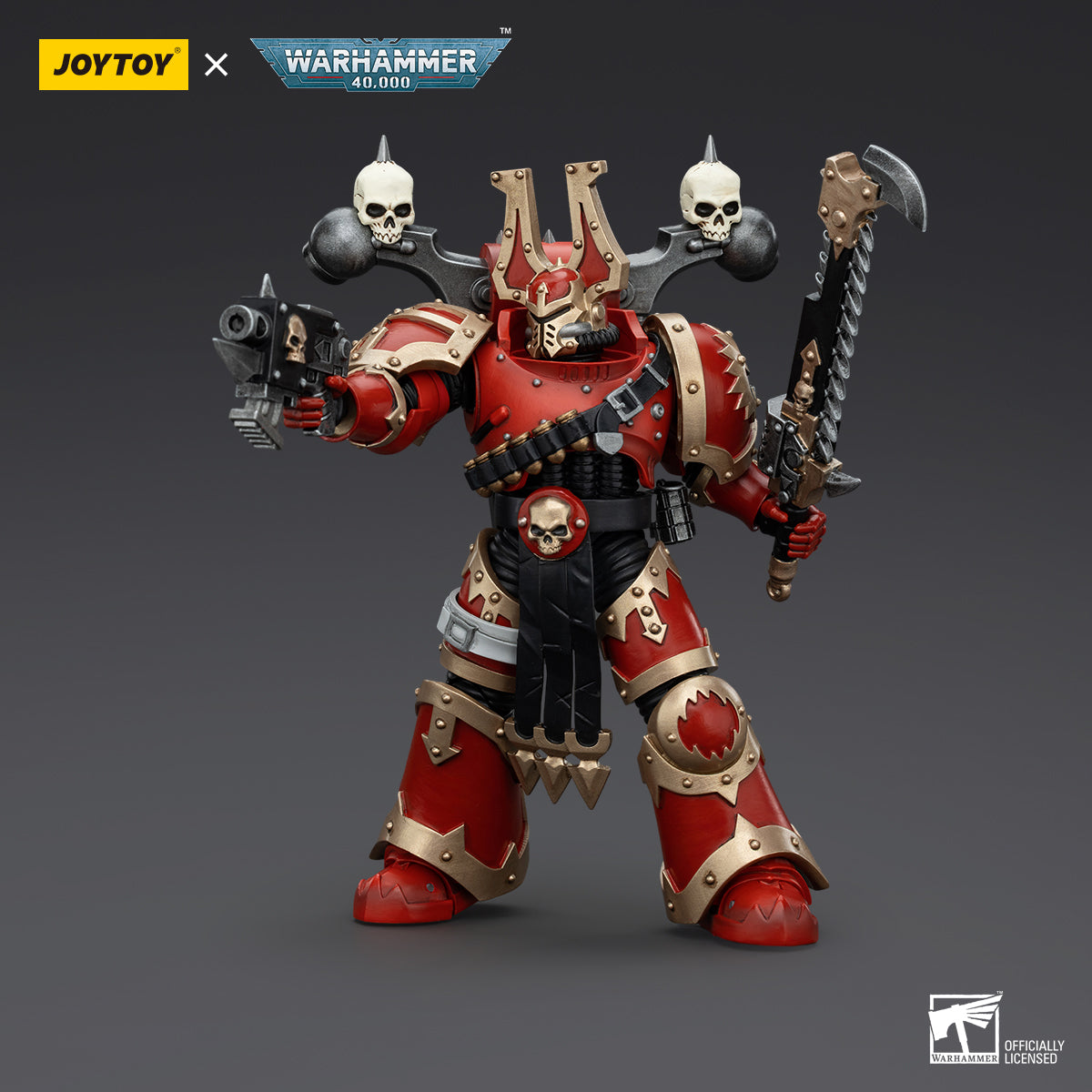World Eaters Khorne Berzerker in combat pose, mid-charge with his chainblade raised high and bolt pistol drawn.