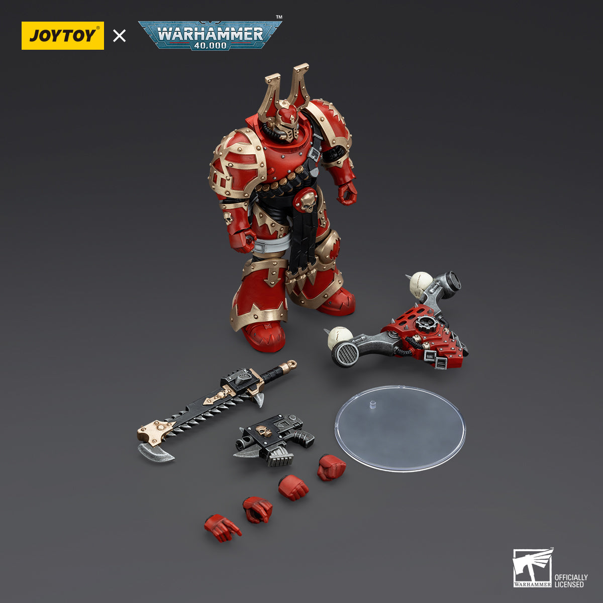 Package contents for World Eaters Khorne Berzerker, including the highly detailed Khorne Berzerker figure, equipped with chainsword, bolt pistol, and optional parts for customizing the pose and loadout.