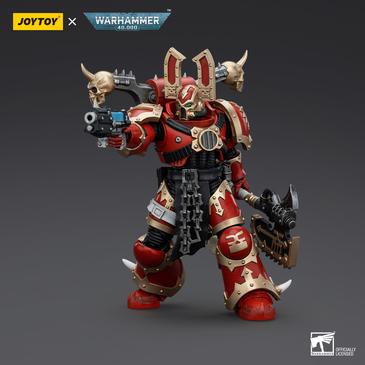 World Eaters Khorne Berzerker in combat pose, mid-charge with his bolt pisto raised high.