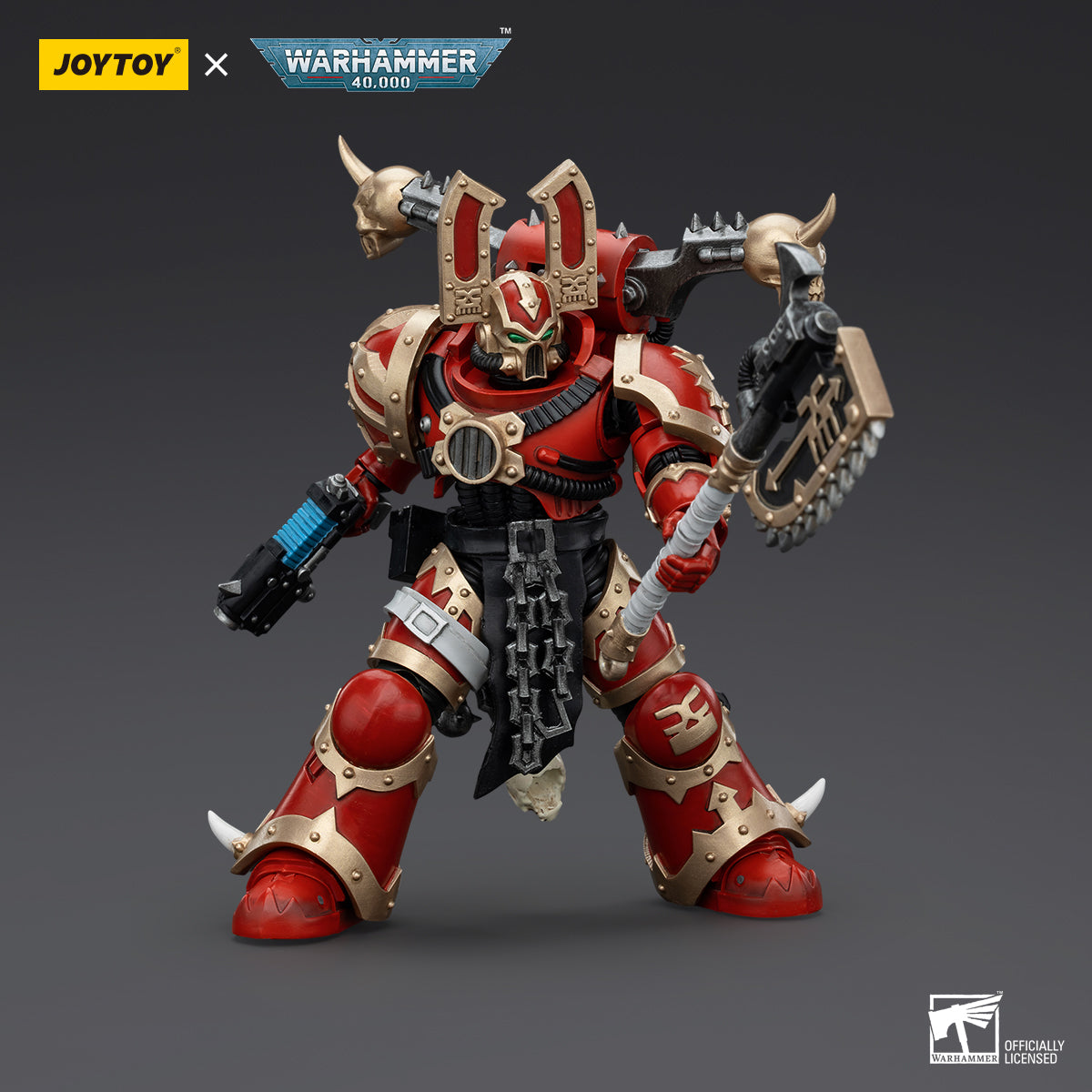 World Eaters Khorne Berzerker in combat pose, mid-charge with his chainaxe raised high and bolt pistol drawn.