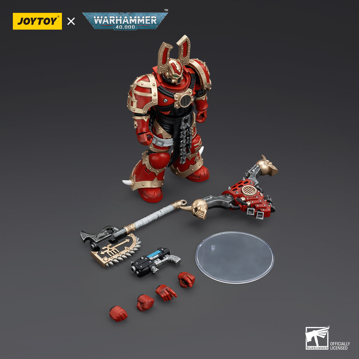 Package contents for World Eaters Khorne Berzerker, including the highly detailed Khorne Berzerker figure, equipped with chainaxe, bolt pistol, and optional parts for customizing the pose and loadout.
